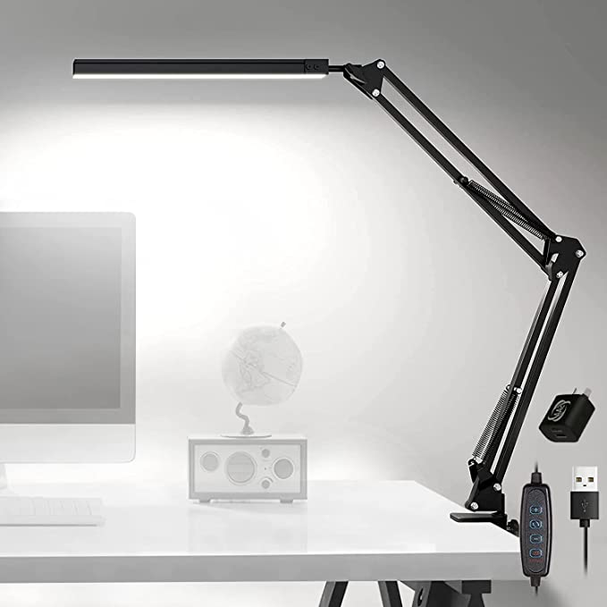YESDEX LED Desk Lamp with Clamp, Eye-Caring Clip-on Reading Lamp, with 3 Color Modes 10 Brightness Levels Swing Arm Lamp, Dimmable USB Office Light, Daylight Lamp for Desk Accessories, Work Bench, Architect (Black)