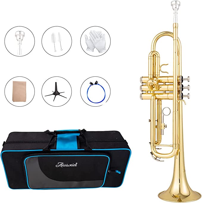 Aisiweier Bb Standard Trumpet Set for Beginner, Brass Student Trumpet Instrument with Hard Case, Cleaning Kit, 7C Mouthpiece and Gloves, ATR-2360, Golden (golden)