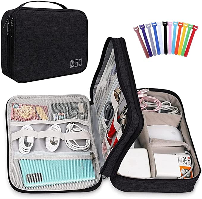 Electronic Organiser Travel Universal Cable Organiser Electronics Accessories Case｣ｬ12 pcs Reusable Cable Ties for Cord, Mobile Power ,Charger, Flash Drive, SD Card, Personal Items Triple Layer Black