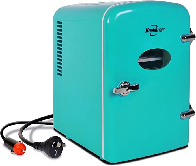 Koolatron Retro 4L 6 Can Portable Mini Fridge, Compact Car Refrigerator, Skincare Cosmetic Beauty Makeup Personal Cooler 12V and AC Cords Desktop Accessory for Bedroom Home Office Travel (Aqua)