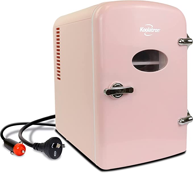 Koolatron Retro 4L 6 Can Portable Mini Fridge, Compact Car Refrigerator, Skincare Cosmetic Beauty Makeup Personal Cooler 12V and AC Cords Desktop Accessory for Bedroom Home Office Travel (Pink)