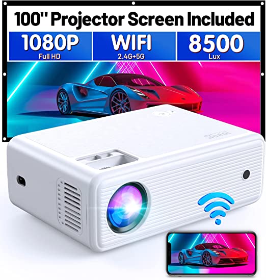 Mini Projector, CLOKOWE Native 1080P HD 8500 LUX WiFi Movie Projector Support 2.4G+5G, Home&Outdoor Portable Projector, Compatible with iOS/Android/TV Stick/HDMI/USB [100" Projector Screen Included]