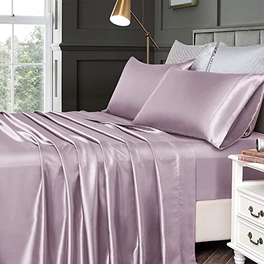 Chvonttow 4 Piece Satin Sheets Queen Size Luxury Silky Satin Bed Sheets Set, Wrinkle, Fade, Stain Resistant, 1 Deep Pocket Fitted Sheet + 1 Flat Sheet + 2 Pillowcases (Lavender)