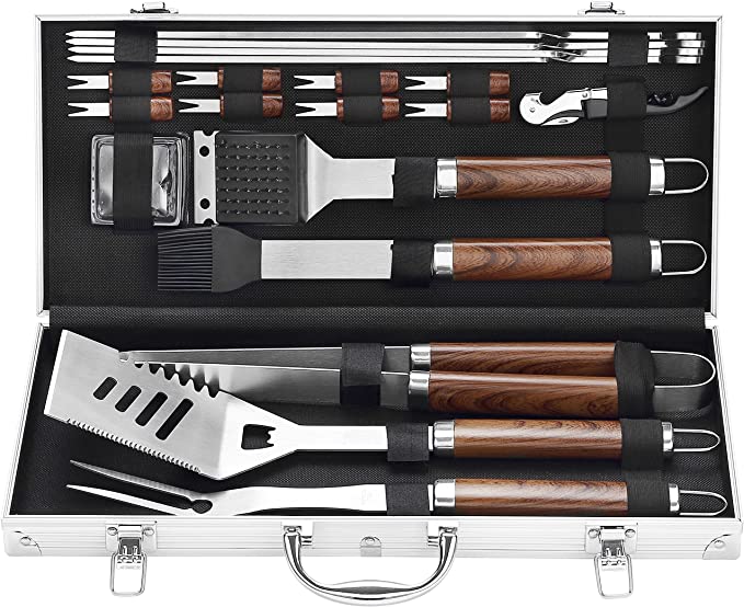 grilljoy 20PCS Heavy Duty BBQ Grill Tools Set - Extra Thick Stainless Steel Spatula, Fork& Tongs. Complete Barbecue Accessories Kit in Aluminum Storage Case - Perfect Grill Gifts for Men