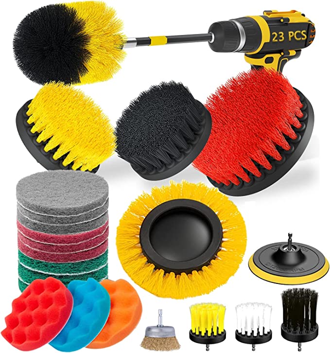 23Piece Drill Brush Attachment Set, Drill Brush Set, Scrub Pads & Sponge, Buffing Pads, Power Scrubber Brush with Extend Long Attachment, Car Polishing Pad Kit Drill Brush Kit