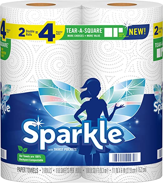 Sparkle Tear-A-Square Paper Towels, 2 Double Rolls = 4 Regular Rolls, White