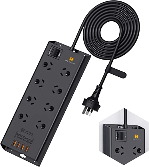 HEYMIX Powerboard USB, 8-Outlet Power Strip, Surge Protector Mountable with 4 USB Charging Ports Max 24W, 4.8A Smart Control, 2.4A Fast Phone Charging, 1.8-Meter Extension Power Cord AU Plug, SAA Certified, Overload Switch, Protected Indicator Light for Home, Office Compatible with iPhone, iPad Pro, Samsung Galaxy and More (Black)