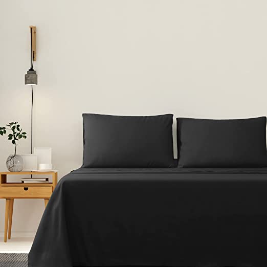 JustLINEN-LINENOVA 4 Piece Double Bed Sheet Set- 1200TC Ultra-Soft Microfibre Bed Sheets - Breathable Bedding - Wrinkle, Fade, Stain Resistant - Deep Pocket (Black, Double)