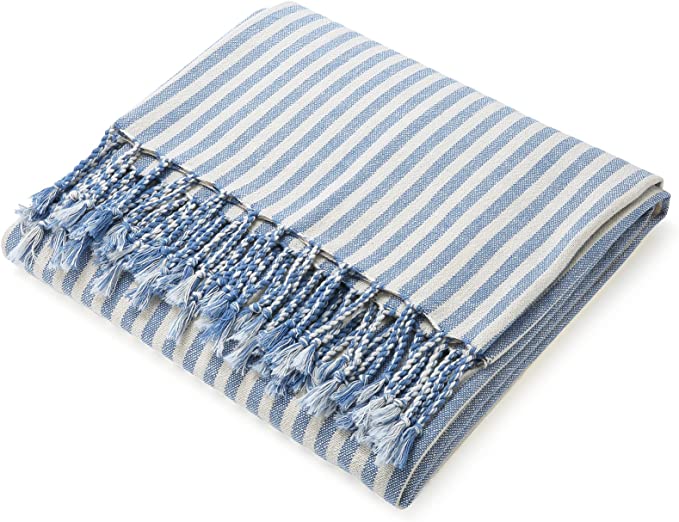 JOTO Turkish Beach Towel (39 x 79) 100% Cotton Oversize Stripe Towel with Fringe Tassels, Extra Large Peshtemal Sand Free Blanket for Travel Pool Spa Gym Yoga Camping –Bluewhite