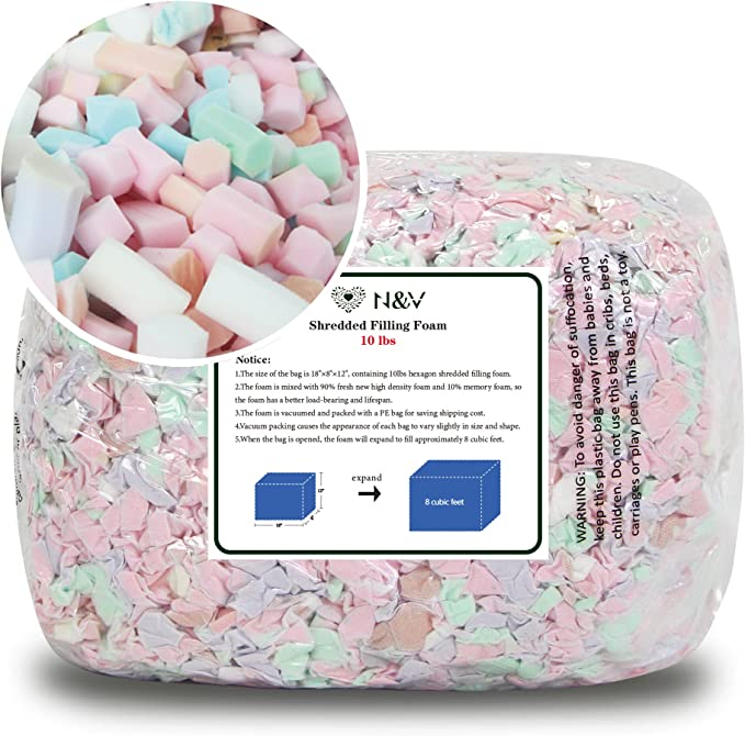 N&V Shredded Foam Filling Bean Bag Refill Safe and Healthy High Density Foam Odorless and Allergen Free Perfect Stuffing for Bean Bags, Plush, Pillows, Dog Beds, Cushions and Crafts. (10 Pound)