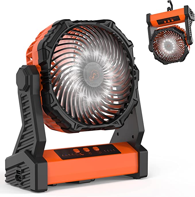 Camping Fan with LED Lantern, 10000mAh Rechargeable Battery Operated Outdoor Tent Fan with Light & Hook, 270° Pivot, 3 Speeds, Personal USB Desk Fan for Camping, Power Outage, Hurricane, Jobsite