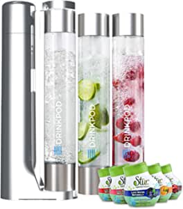 FIZZpod Soda Maker - Sparkling Water Machine with 3 Water Bottles, 3 Caps, 1 Water Carbonator Cap and Manual - Make Homemade Sparkling Water, Juice, Coffee, Tea and Cocktail Drinks with Fruit (Chrome +5PK Stur Drink Mix)