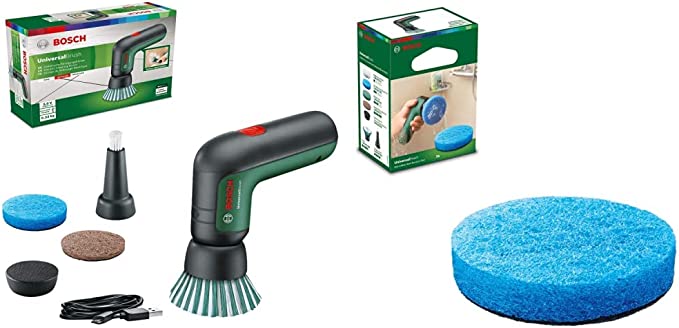 Bosch 3.6 V Cordless Electric Power Cleaning Brush with 4 Cleaning Attachments & Micro USB Cable (UniversalBrush) & Bosch Microfibre Non-Scratch Pads x 3 for UniversalBrush Power Cleaning Brush
