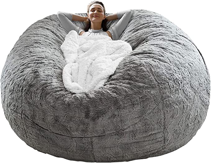 Cookit Bean Bag Chair Cover(Cover Only,No Filler) Chair Cushion, Big Round Soft Fluffy PV Velvet Washable Lazy Sofa Bed Cover, Living Room Bedroom Furniture,5ft/150cm Light Grey