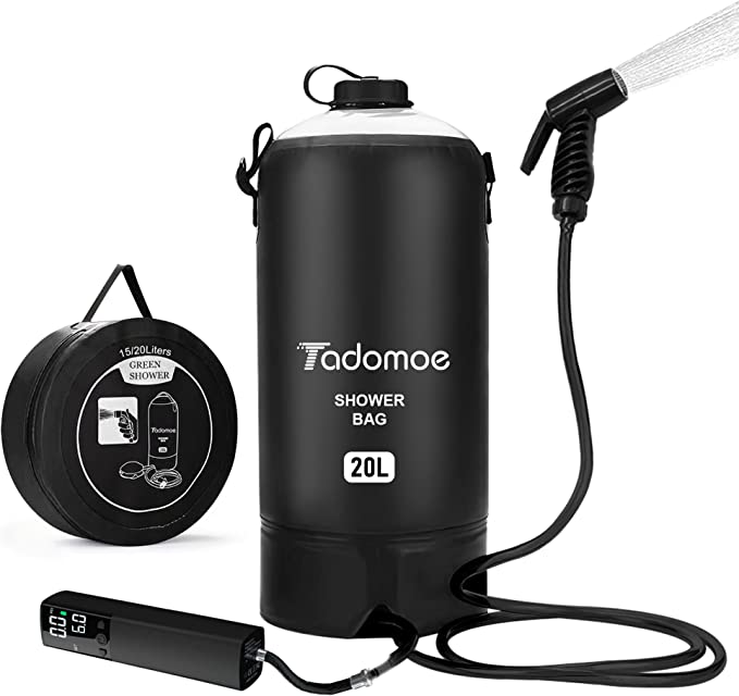 Tadomoe Portable Shower, Camping Shower Bag with Portable Shower Pump,Solar Shower with Hot Water,Leak Proof Handy Nozzle Temperature Indicator for Beach Trip, Camping and Hiking