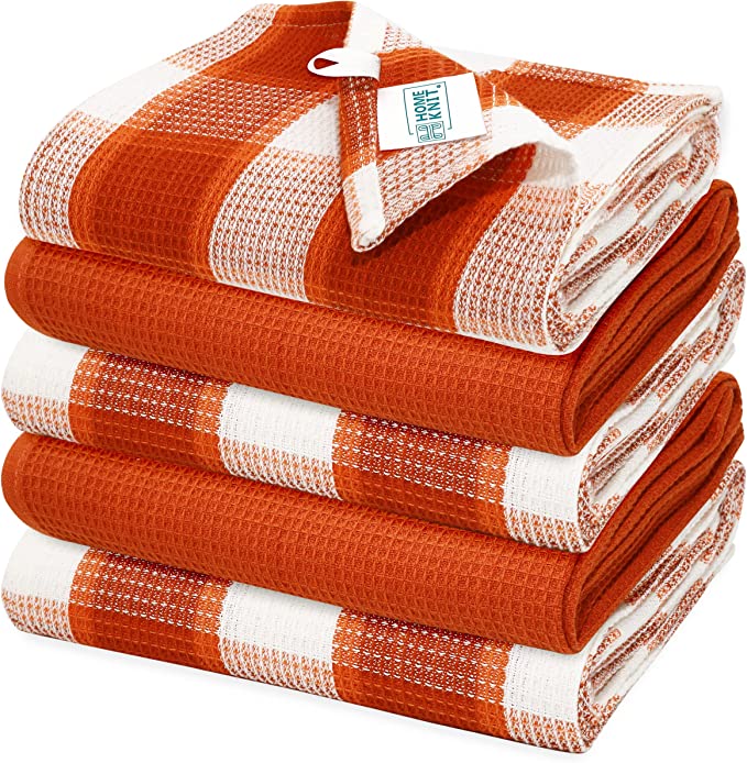 100% Cotton Tea Towels with Hanging Loop | 70 cm x 45 cm, 5 Pack | Scratch Free, Machine Washable Dish Towels for drying dishes | Lint-Free, Super Absorbent Orange Kitchen Towels - Orange
