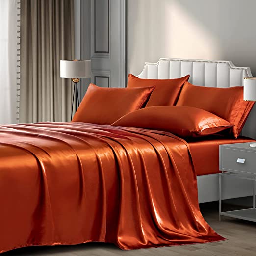 P Pothuiny Satin Sheets Queen (6 Pieces, Burnt Orange) Luxury Silky Satin Bed Sheets Queen Bedding Set, Extra Soft Satin Sheet Set, 1 Satin Fitted Sheet + 1 Flat Sheet + 4 Pillow Cases