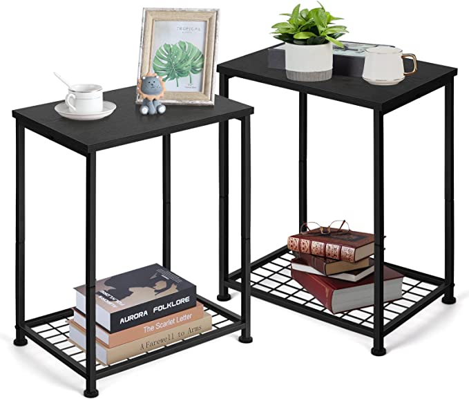 Nightstands Set of 2 Black Side Table Living Room Small Narrow End Table with Storage for Small Spaces Industrial Metal Bedside Tables for Sofa Couch Bedroom Living Room Easy to Assemble