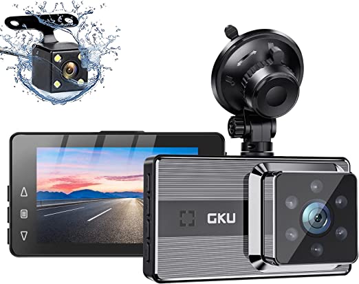 Dash Cam Front and Rear,GKU Dash Cam 1080P Full HD Dual Car Camera,170° Wide Angle Backup Dash Camera for Cars,Super Night Vision,Car Dash Cam with Parking Monitor,Motion Detection,Loop Recording
