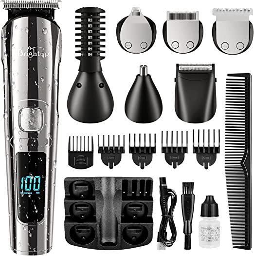 Brightup Beard Trimmer for Men, Hair Clippers & Hair Trimmer, IPX7 Waterproof Mustache Body Nose Ear Facial Shaver, Electric Razor All in 1 Beard Kit, Gifts for Men, USB Rechargeable & LED Display
