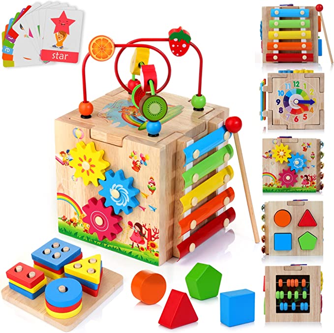 HELLOWOOD Wooden Kids Baby Activity Cube, 8-in-1 Toys Gift Set for 12M+ Boys & Girls, Bonus Sorting & Stacking Board, Montessori Learning Toys for Toddlers Age 1-3,1st Birthday Gift