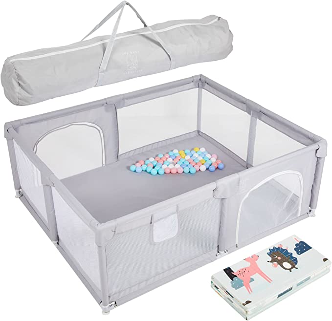 Ivy Baby Collective - Large Baby Playpen for Babies and Toddlers | Toddler/Kid Play Yard, Baby Activity Centre | Sturdy, Portable Baby Play pen with Anti-Slip Suckers, Breathable Tear-Resistant Washable Mesh With 2x Zipper Doors/Gate | Comes With Foam Baby Play Mat, Zippered Storage Bag, 30 Non-Toxic Pit Ball (Light Grey 1.8m x 1.5m x 65cm)