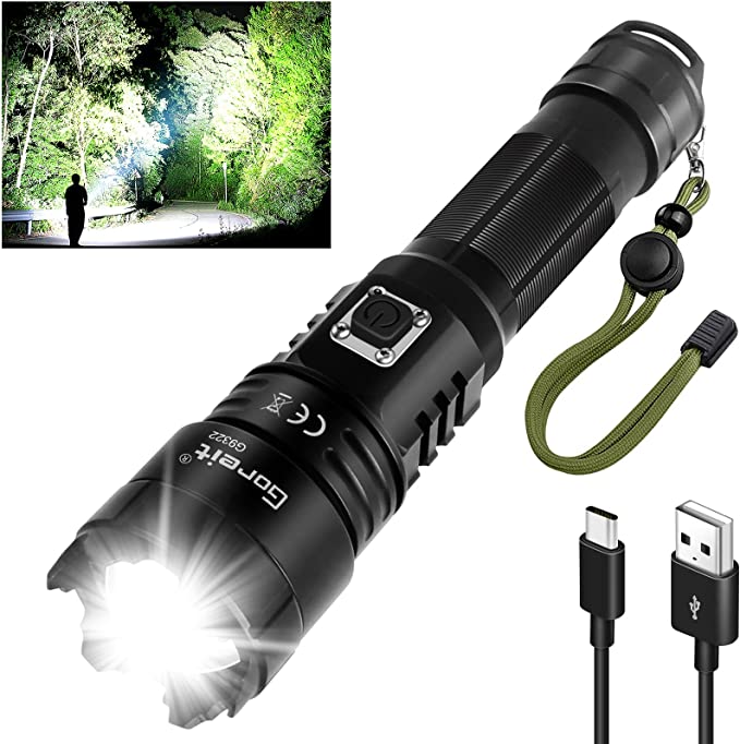 Torch, Goreit Flashlight LED Torch Rechargeable USB 10000 Lumen Handheld Torch, XHP70.2 Super Bright Tactical Flash Lights, High Powered Torches IP67 Waterproof Zoomable, for Camping Hiking Emergency