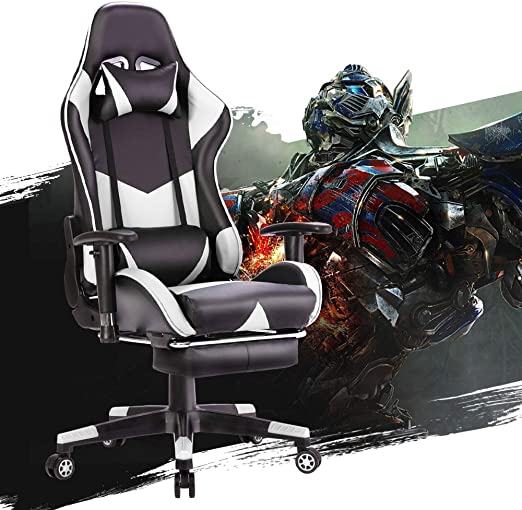 White Gaming Chair Home Office Chair, Racing Style High Back Adjustable Computer Desk Chair (Footrest)