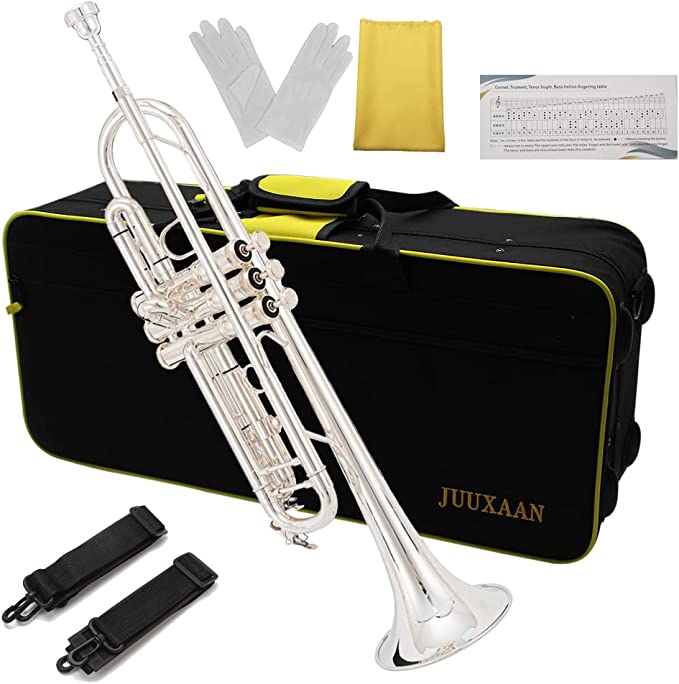 JUUXAAN Brass Standard Bb Trumpet Instrument with Hard Case,Five Legs Trumpet Stand,Gloves, 7C Mouthpiece and Valve Oil for Student Beginner (silver)