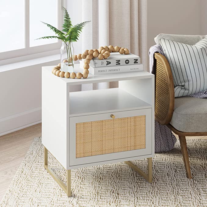 Nathan James Mina Side, End or Accent Table with Natural Rattan Storage Door for Living Room or Nightstand for Bedroom, White/Gold