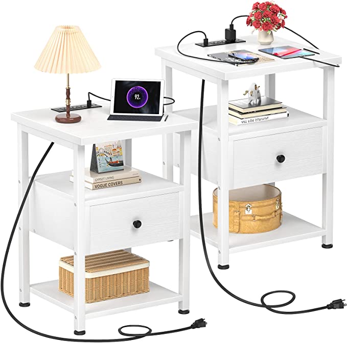 Ecoprsio Nightstand Set of 2 with Charging Station, End Table Bedside Table with USB Ports, Modern Nightstands with Drawers Storage Shelf, Wood Night Stands for Bedroom, Living Room, Sofa Couch, White