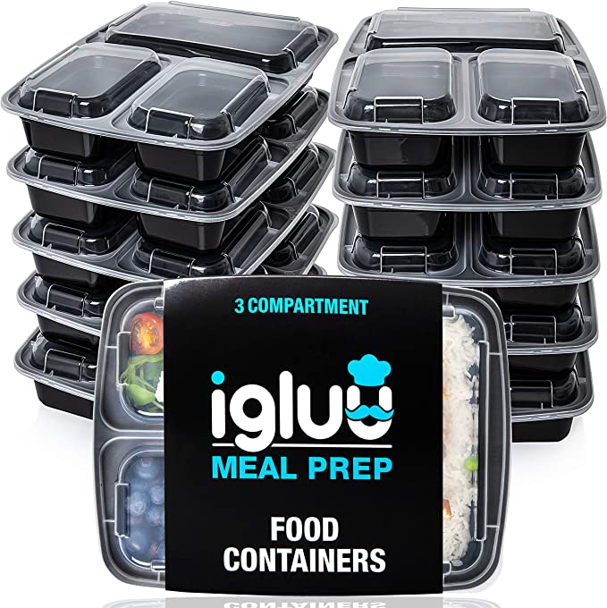 Igluu Meal Prep - [20 Pack] 3 Compartment BPA Free Reusable Meal Prep Containers - Plastic Food Storage Trays with Airtight Lids - Microwavable, Freezer and Dishwasher Safe - Stackable Bento Lunch Boxes (32 oz)