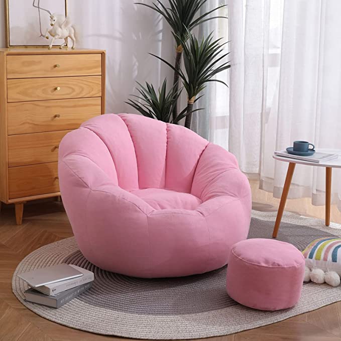Bean Bag Chair Cover +Footstool Cover Petal-Shaped Bean Bag Chair Cover Sofa Lazy Sack Soft Beanbag Chair (No Beans) for Kids, Adults, Couples - Bean Bag Chair,Pink