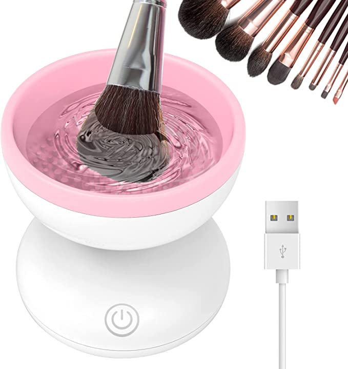 Electric Makeup Brush Cleaner Newest Design, Luxiv Wash Makeup Brush Cleaner Machine Fit for All Size Brushes Automatic Spinner Machine, Makeup Brush Beauty Blender Cleaner (White+Pink)