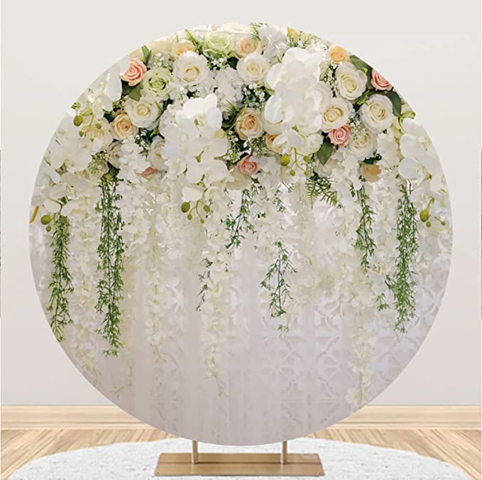 Floral Round Backdrop Cover, Wedding Bridal Shower Birthday Party Decorations, Circle 6.56ft (200cm), Seamless Edge Elastic, Smash Cake Background for Photography