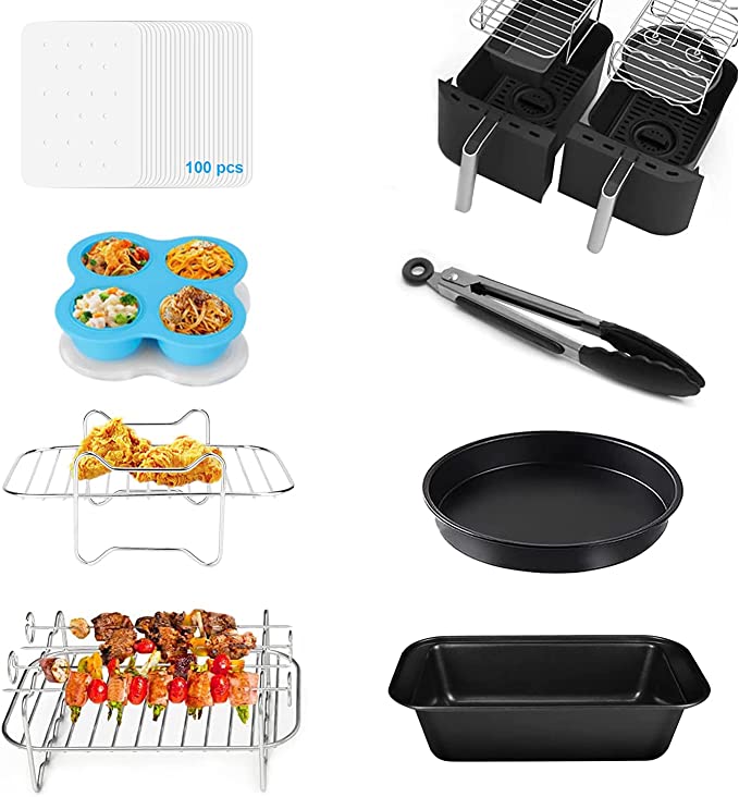 Air Fryer Accessories for Dual Basket, 7pcs Set Nonstick AirFryer Accessory With Cake Pan, Pizza Pan, Multi-Layer Rack, Skewer Rack, Egg Bite Mold, Tongs, Fits Double Basket Air Fryers
