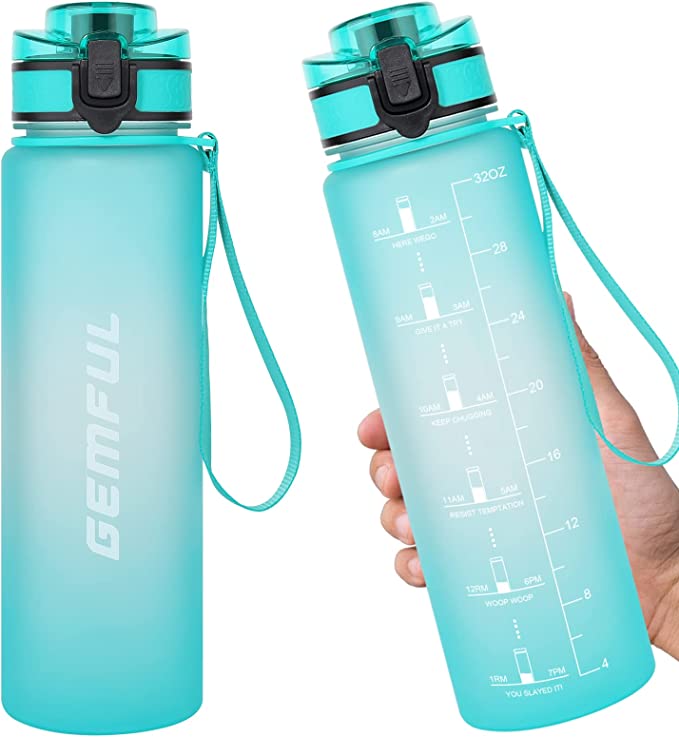 GEMFUL 1L Water Bottle with Motivational Time Marker with Straw Tritan BPA Free Drink Bottles for Fitness Gym and Sports