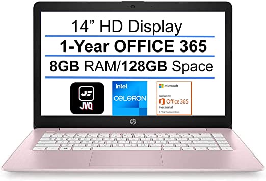 2022 Newest HP Stream 14" HD Laptop, Intel Celeron N4000(up to 2.6GHz), 8GB RAM, 128GB Space(64GB eMMC+64GB Card), 1-Year Office 365, WiFi, HDMI, USB, Webcam, Bluetooth, Windows 10S, Pink+JVQ Mousepad