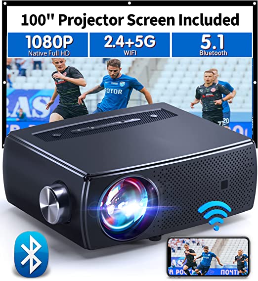 Portable Projector, CLOKOWE 5G WiFi Bluetooth Projector,9000L 1080P FullHD Mini Movie Projector with Screen,Support 4K&300”, Home Theater Video Projector Compatible with Android/iOS/TV Stick/PS4