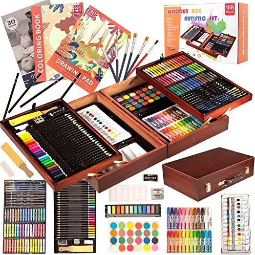Art Supplies, KINSPORY 168-Pack Deluxe Wooden Art Set Crafts Drawing Painting Coloring Kit with 1 Coloring Book, 3 Sketch Pads Creative Gift Box for Adults Artist Beginners Kids Girls Boys