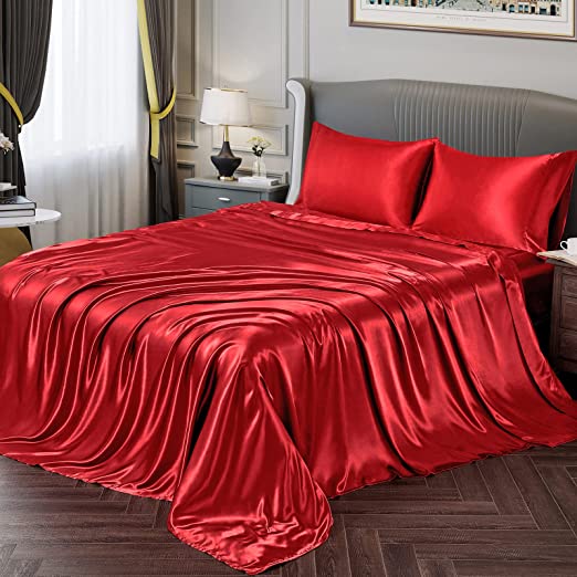 Vonty Satin Sheets Full Silky Soft Satin Bed Sheets Red Satin Sheet Set, 1 Deep Pocket Fitted Sheet + 1 Flat Sheet + 2 Pillowcases