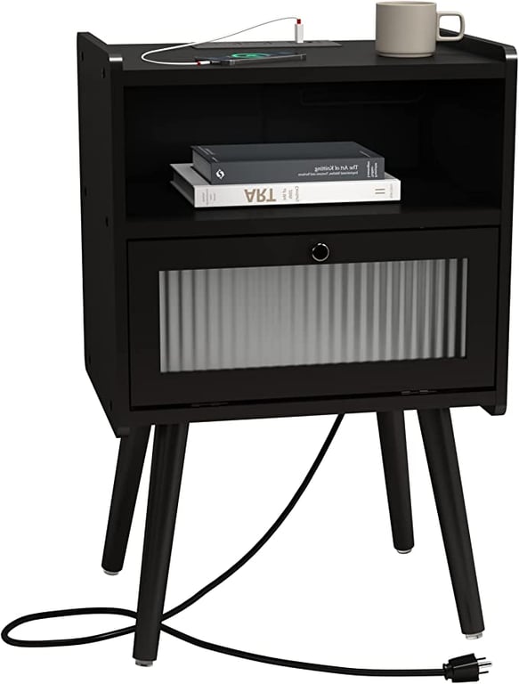 SOOWERY Mid Century Modern Nightstand with Charging Station, Bedside Tables with Glass Decorative Door, End Table Side Table with 2 Tiers Storage Space, for Bedroom, Living Room, Black