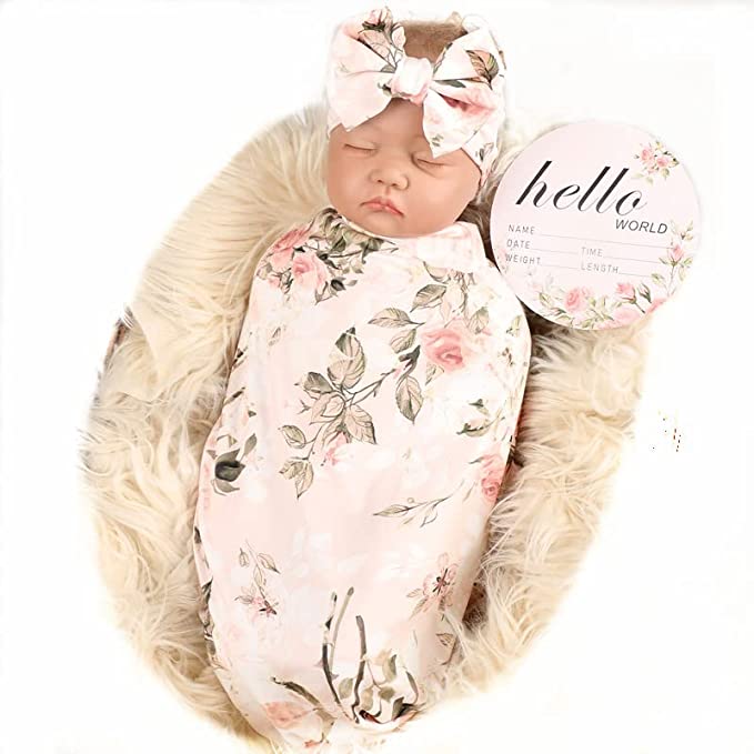 Galabloomer Newborn Receiving Blanket Headband Set Flower Print Baby Swaddle Receiving Blankets Vintage Rose