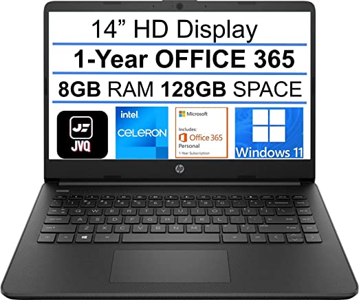HP Newest Stream 14" HD Laptop, Intel Celeron N4020(up to 2.8GHz), 8GB RAM, 128GB Space(64GB eMMC+64GB Card), 1-Year Office 365, HDMI, WiFi, USB-C, Webcam, Bluetooth, Windows 11S, Black+JVQ Mousepad