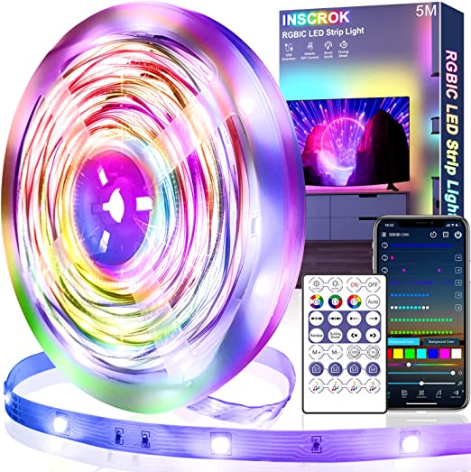 5M RGB1C Led Strip Lights, Inscrok 16.4ft Dream Color USB Smart TV Backlight Bluetooth APP Control with Remote Music Sync Multicolor Effect Power Strip Rainbow Led Light Strip for Bedroom Party Decoration