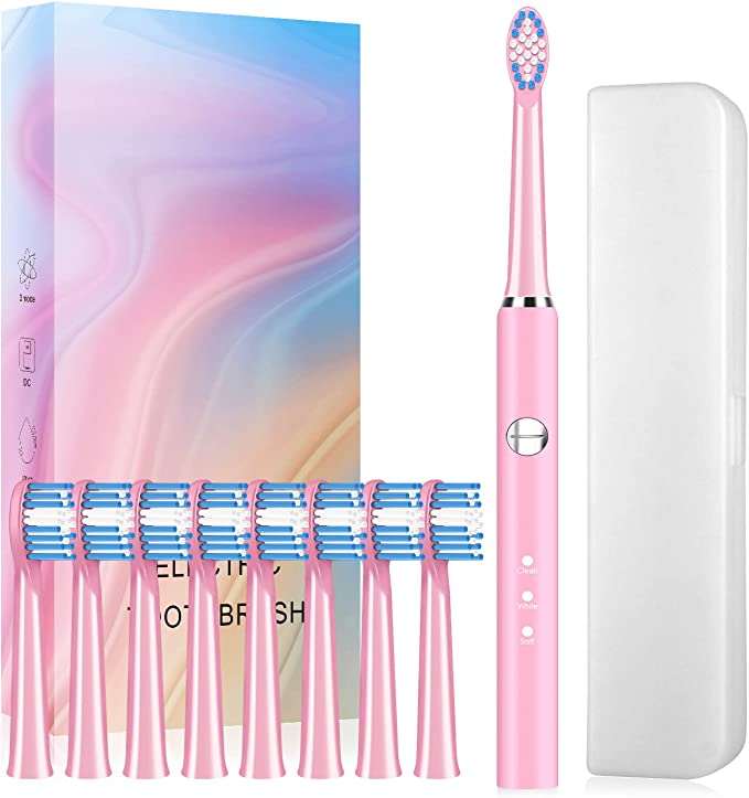Sonic Electric Toothbrush , Electronic Toothbrush for Adults with 8 Brush Heads,Rechargeable Electric Toothbrush with Travel case, 40 Day Endurance, 3 Modes and Timer, SHAOJIER (Pink)