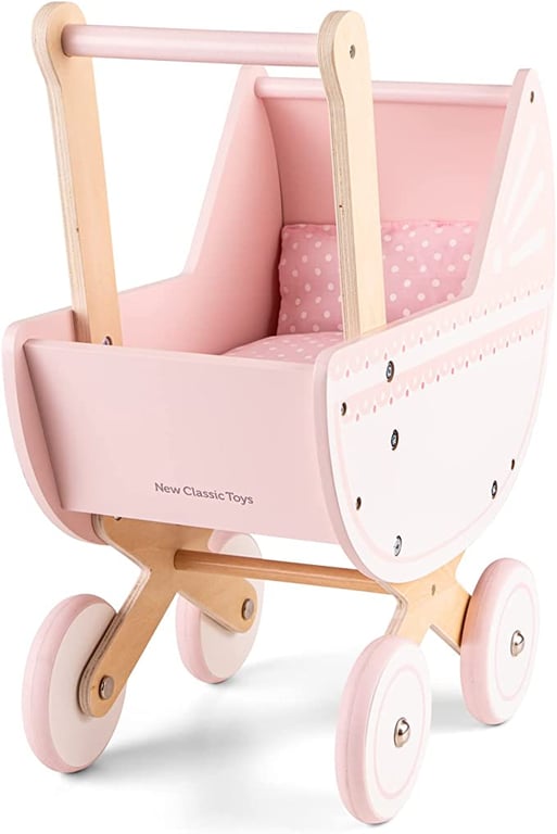 New Classic Toys 10761 Wooden Doll Pram Including Bedding-Pink