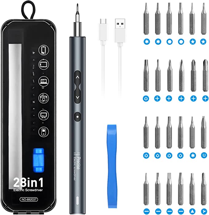 Upgraded 28 in 1 Mini Electric Screwdriver, Precision Power Screwdriver Set, Portable Magnetic Repair Tool Kit with 3 LED Lights USB Cable, 0.45-0.5Nm Electric Torque for Phones Watch Tablet