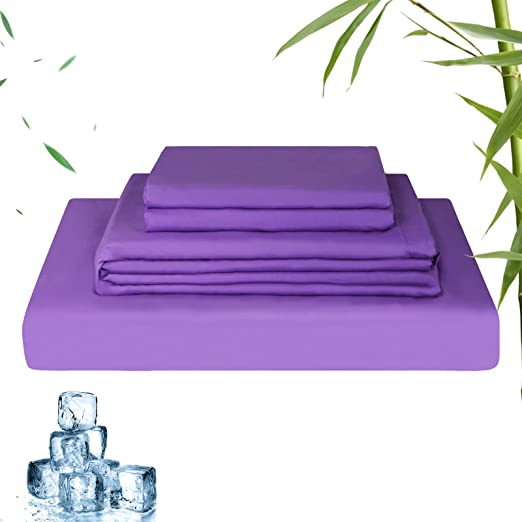 LINENOVA Bamboo Cooling Sheet Set King Single Size - Ultra Soft 2000TC Breathable Bed Sheets Set with 16 Inches Deep Pocket-Cooling Sheets for Hot Sleepers (King Single , Purple)