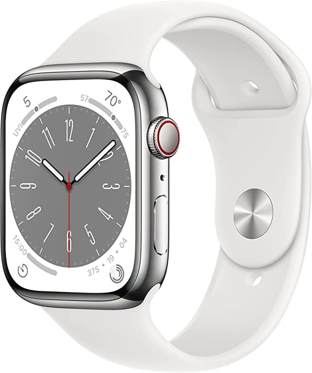 Apple Watch Series 8 GPS + Cellular 45-mm Silver Stainless Steel Case with White Sport Band — Regular
